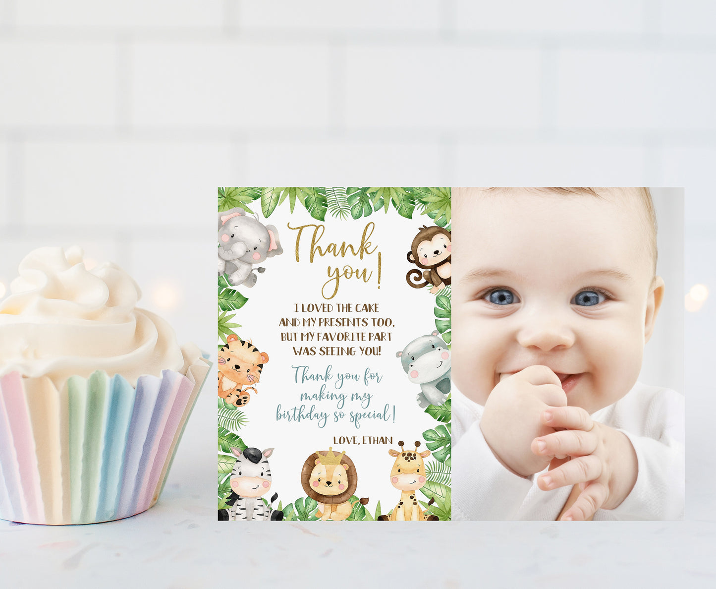 Safari Photo Thank You Card | Editable Jungle Birthday Thank You Note - 35E