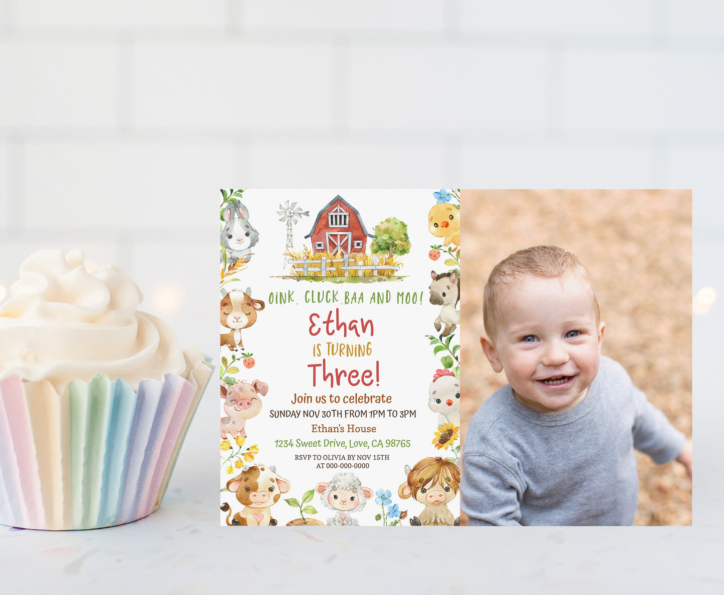 Editable Farm Photo Invitation | Red Barnyard Birthday Invite - 11D