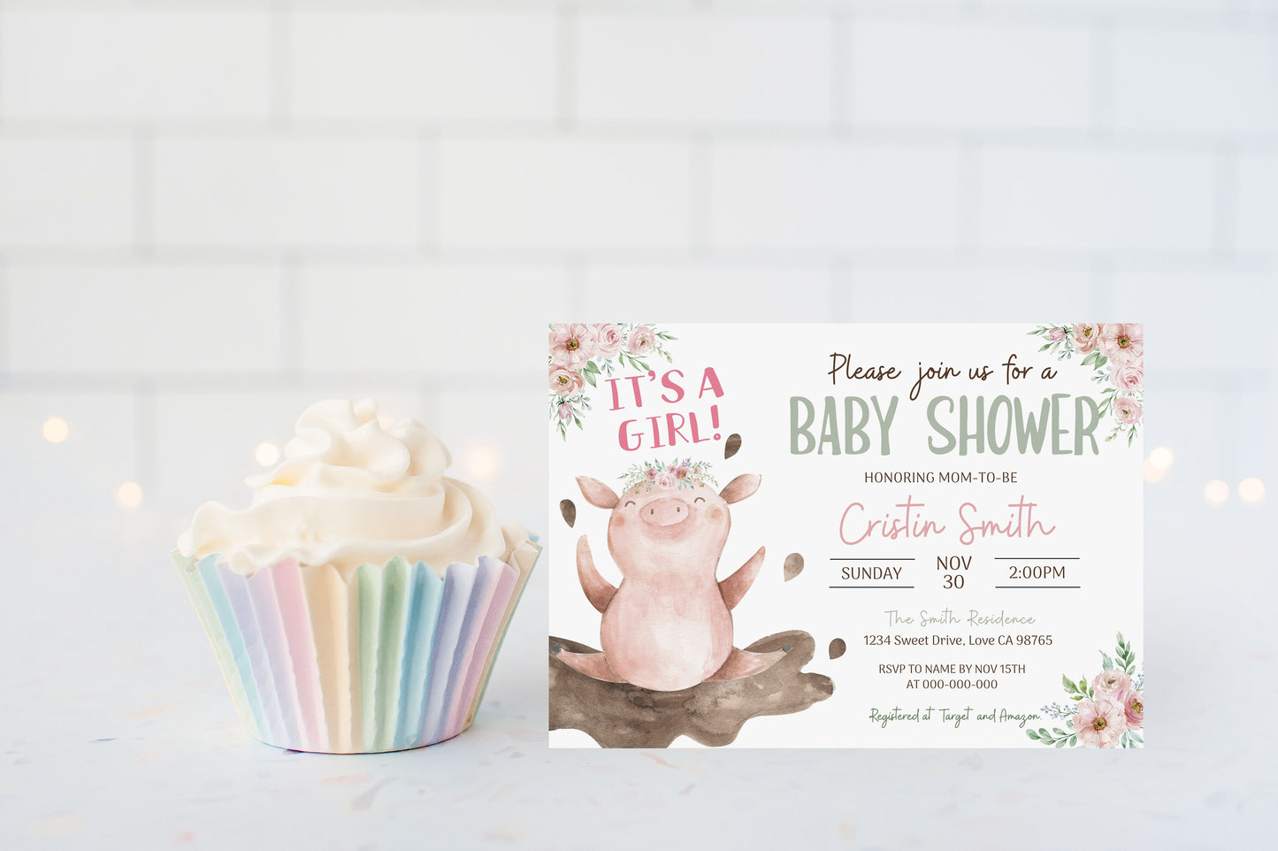 Floral Pig Baby Shower Invitation | Editable It's a Girl Farm Invite - 11B