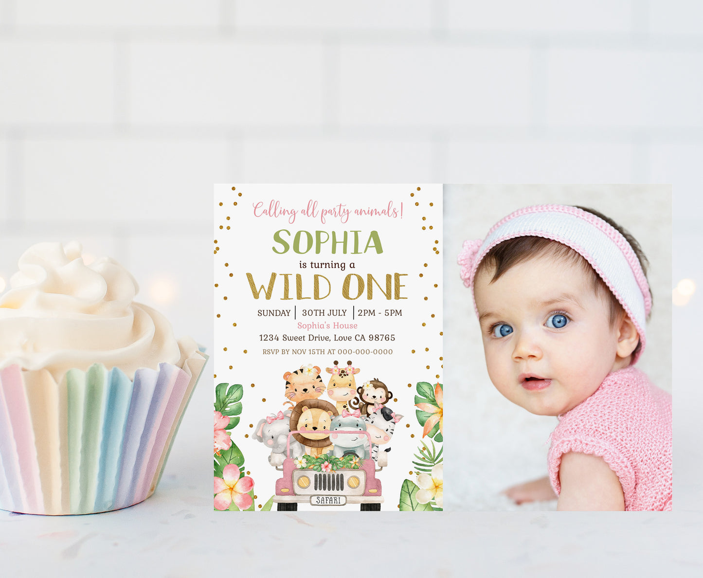 Girl Safari Photo Invitation | Jungle animals Birthday Invite - 35E