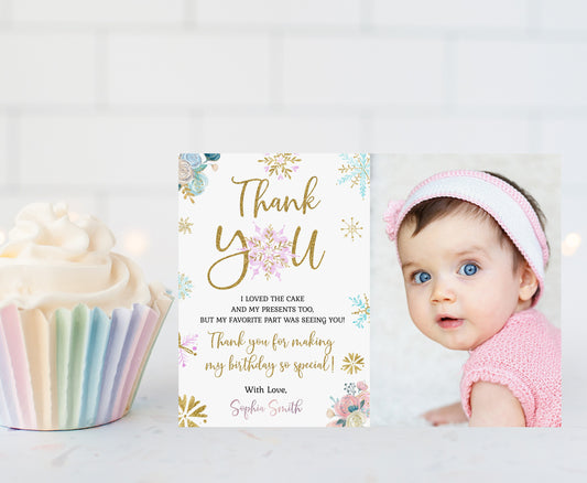 Winter Photo Thank You Card | Editable Snowflake Birthday Thank You Note - 46A