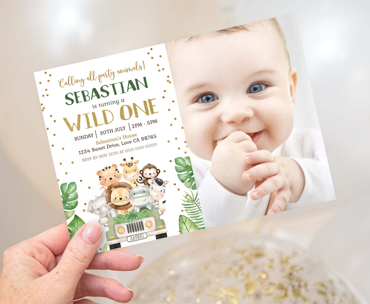 Editable Safari Photo Invitation | Jungle animals Birthday Invite - 35E