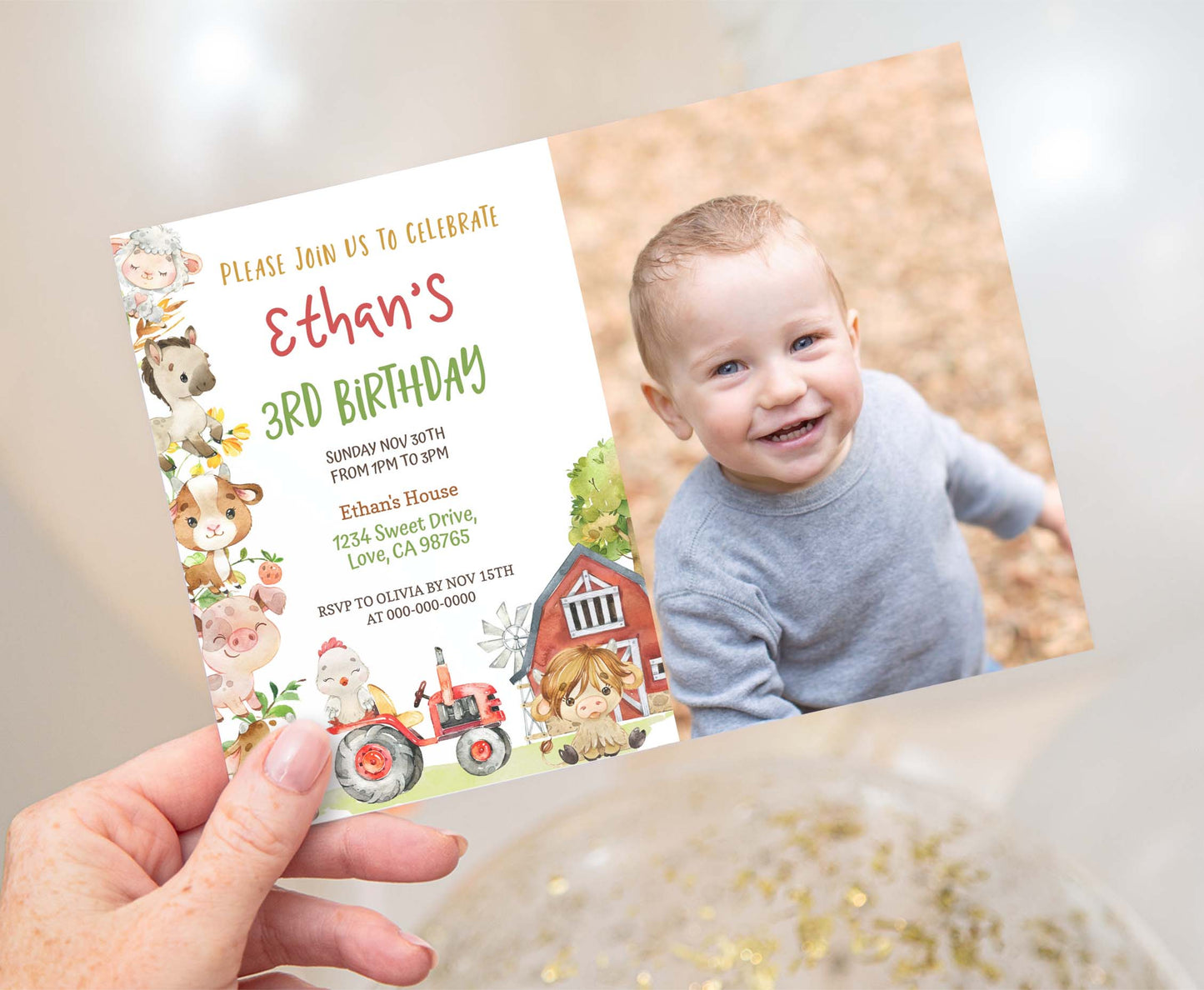 Editable Farm Animals Photo Invitation | Red Barnyard Birthday Invite - 11D