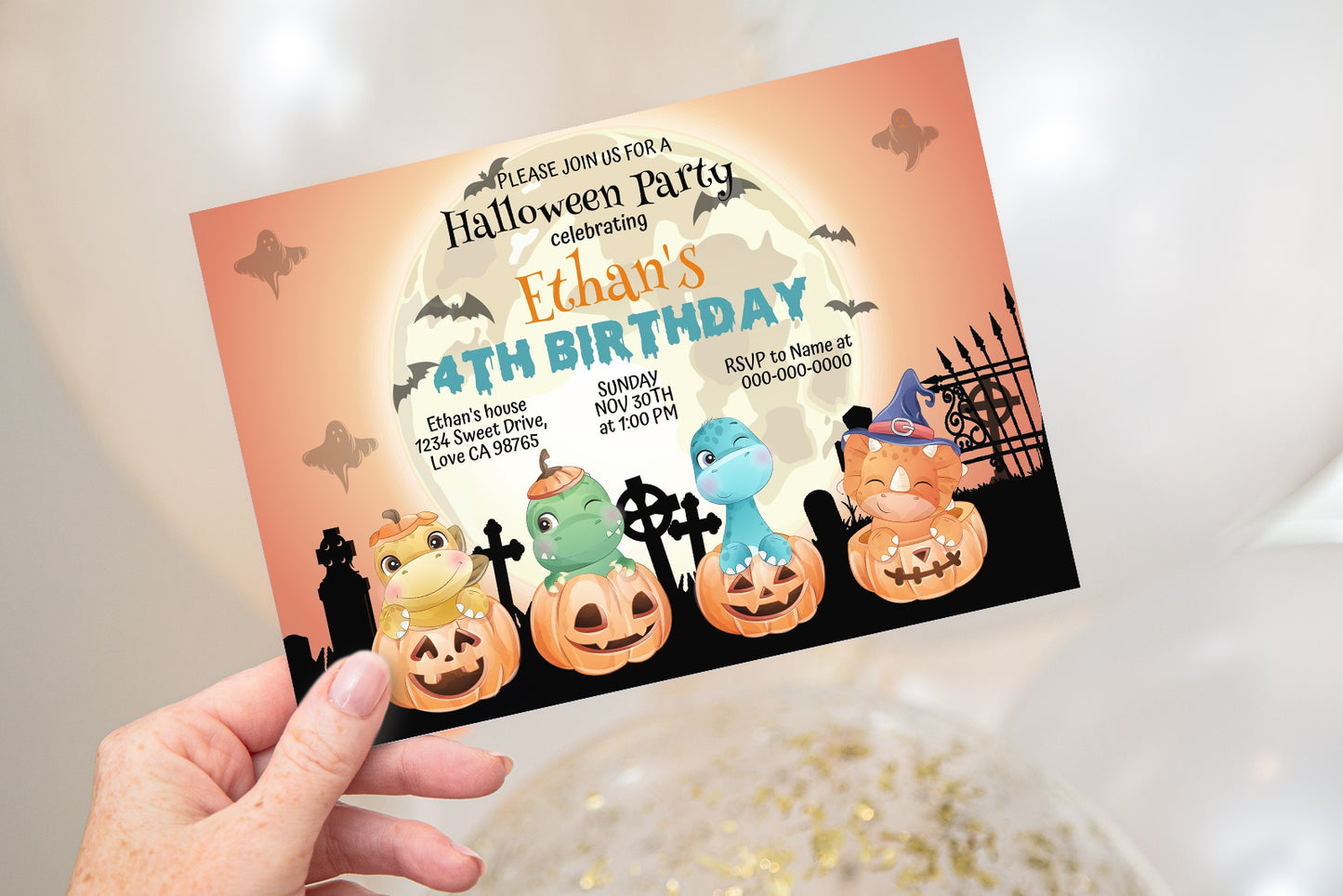 Editable Pumpkin Dinosaurs Invitation | Halloween Theme Party- 115F