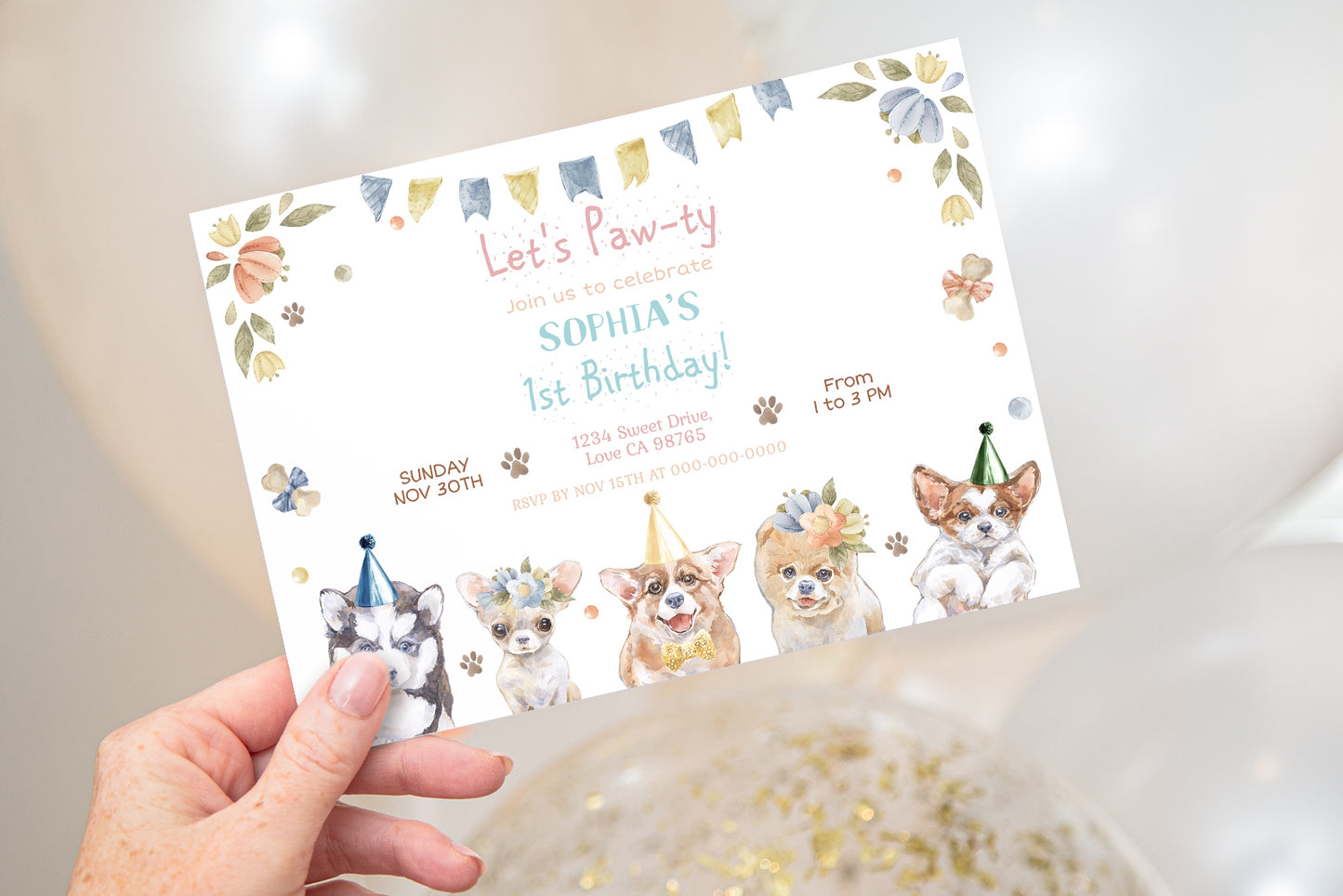 Girl Dog Birthday Invitation | Floral Puppy Party Invite - 72A