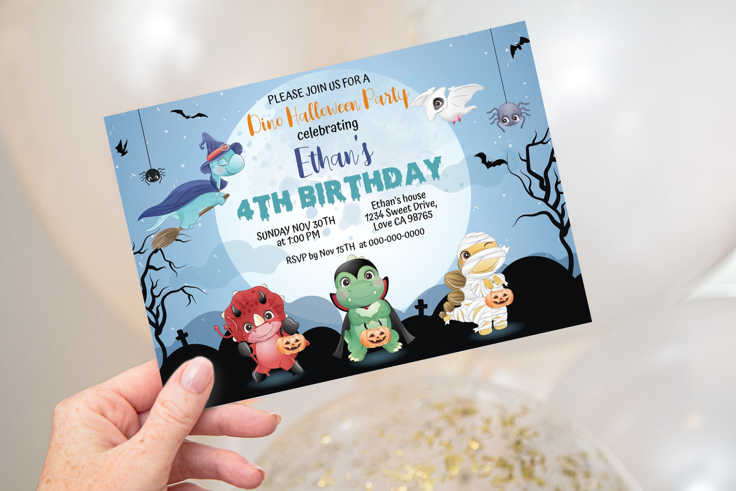 Editable Halloween Dinosaurs Birthday Invitation | Dinosaurs Party Theme -115F