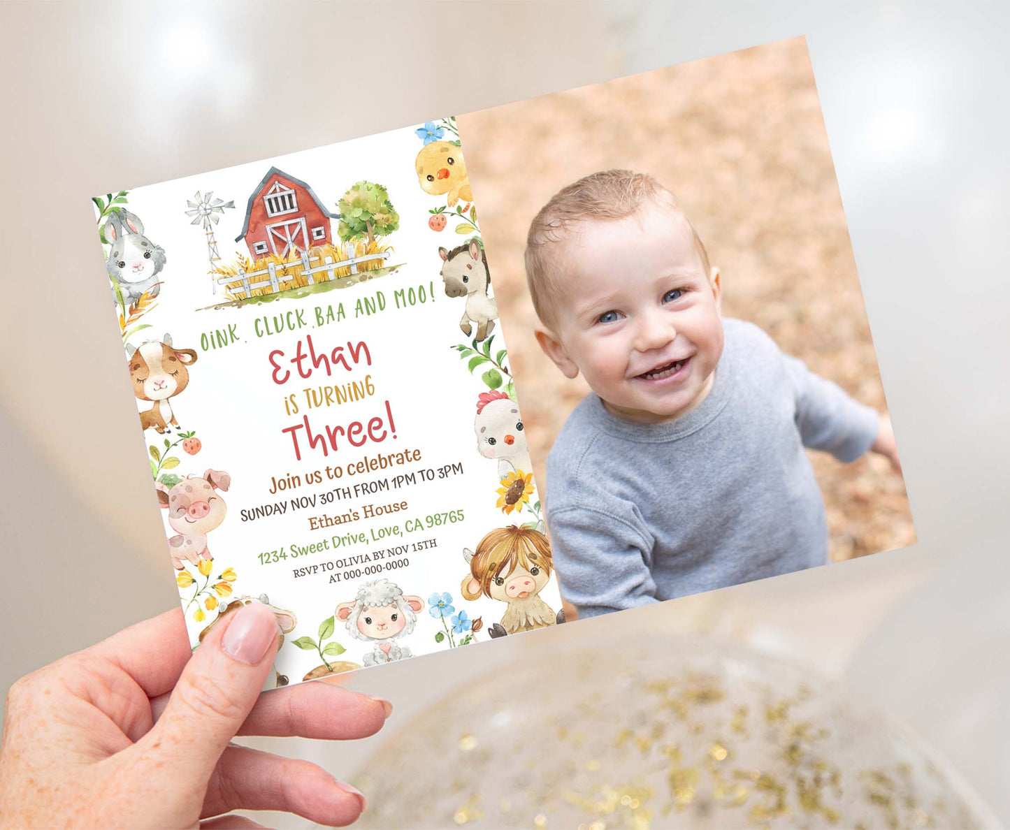 Editable Farm Photo Invitation | Red Barnyard Birthday Invite - 11D