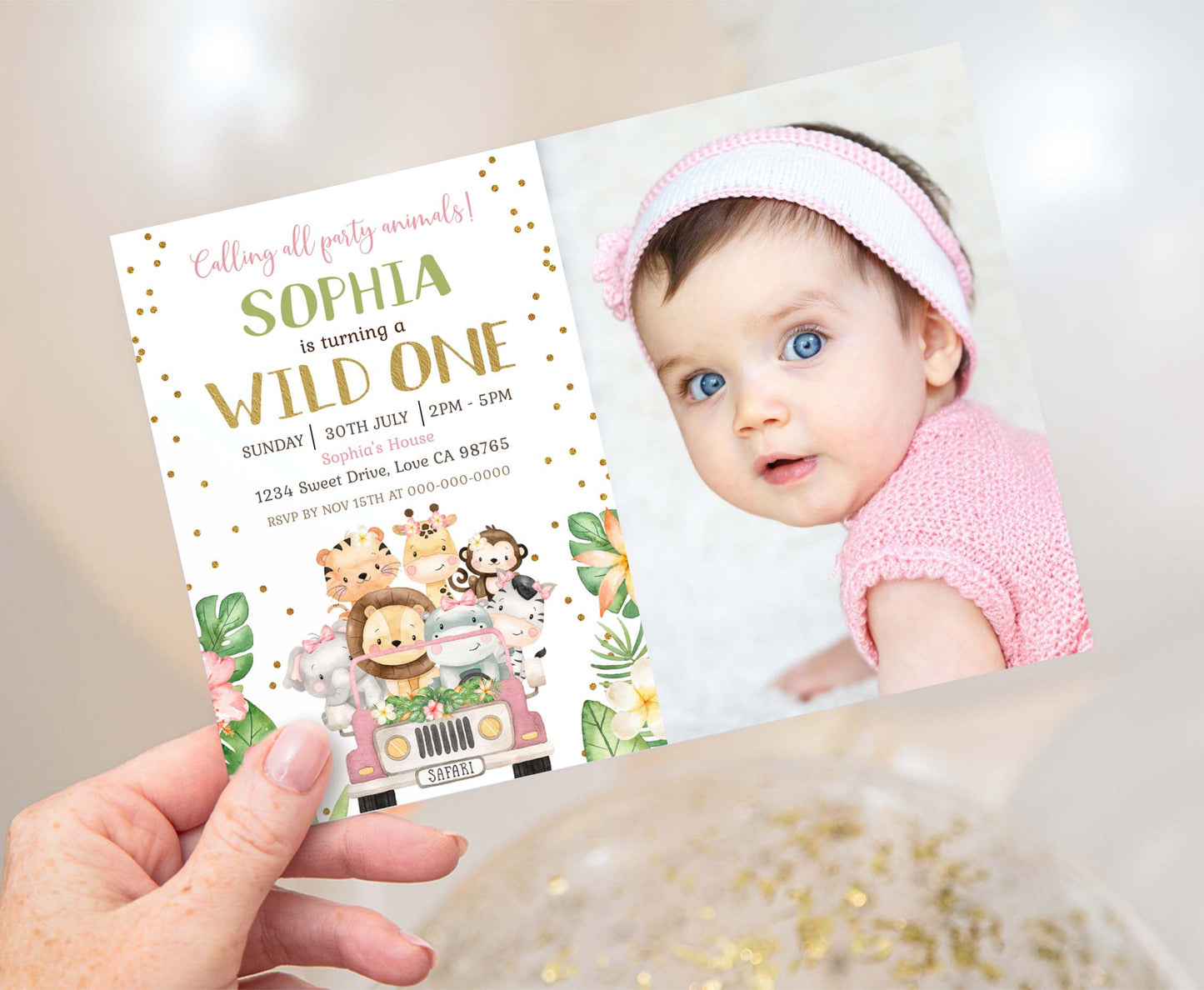 Girl Safari Photo Invitation | Jungle animals Birthday Invite - 35E