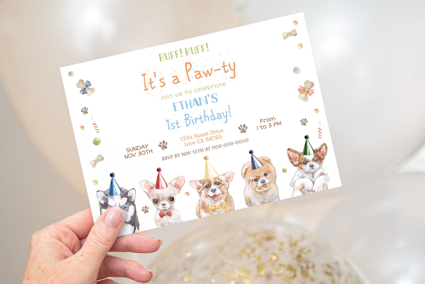 Editable Dog Birthday Invitation | Boy Puppy Party Invite - 72A