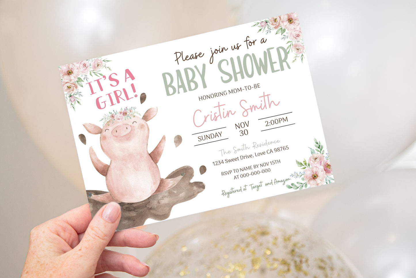 Floral Pig Baby Shower Invitation | Editable It's a Girl Farm Invite - 11B