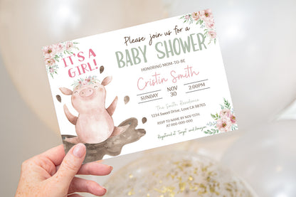 Floral Pig Baby Shower Invitation | Editable It's a Girl Farm Invite - 11B
