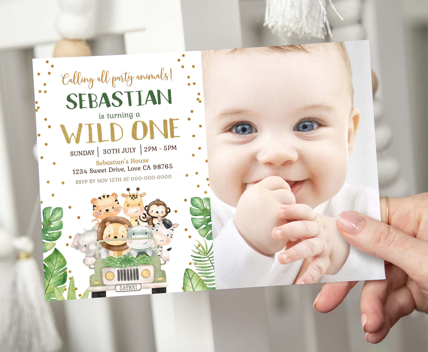 Editable Safari Photo Invitation | Jungle animals Birthday Invite - 35E