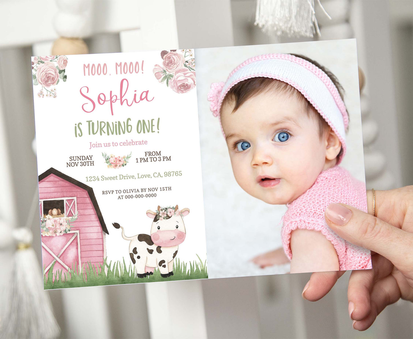 Editable Girl Cow Photo Invitation | Pink Barnyard Birthday Invite - 11A