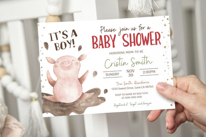 Pig Baby Shower Invitation | Editable Farm Baby Shower Invite - 11B