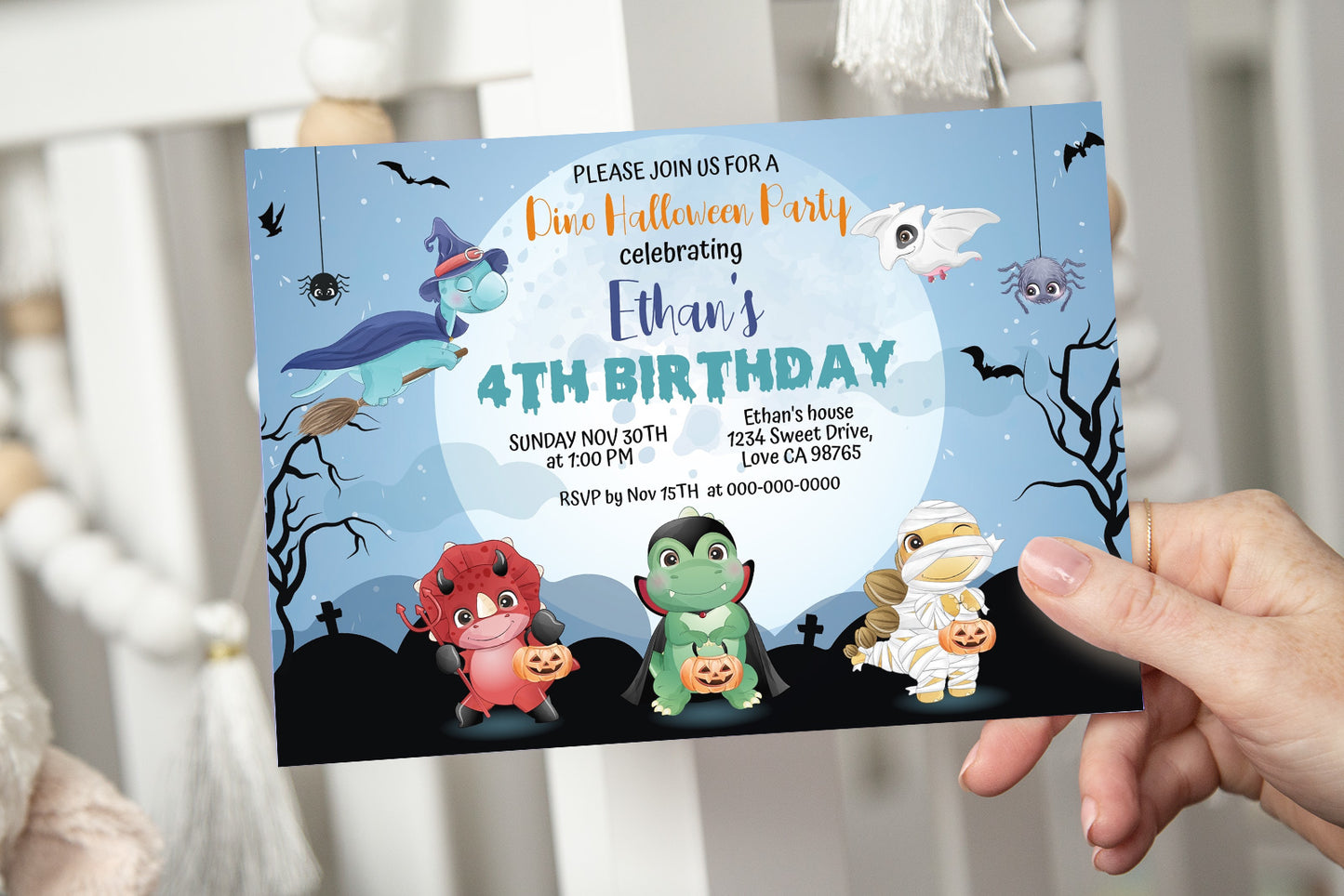 Editable Halloween Dinosaurs Birthday Invitation | Dinosaurs Party Theme -115F