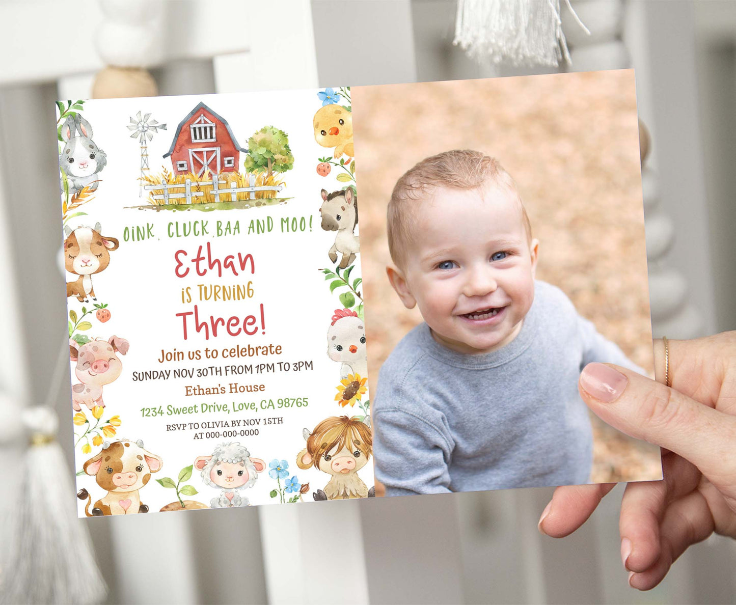 Editable Farm Photo Invitation | Red Barnyard Birthday Invite - 11D