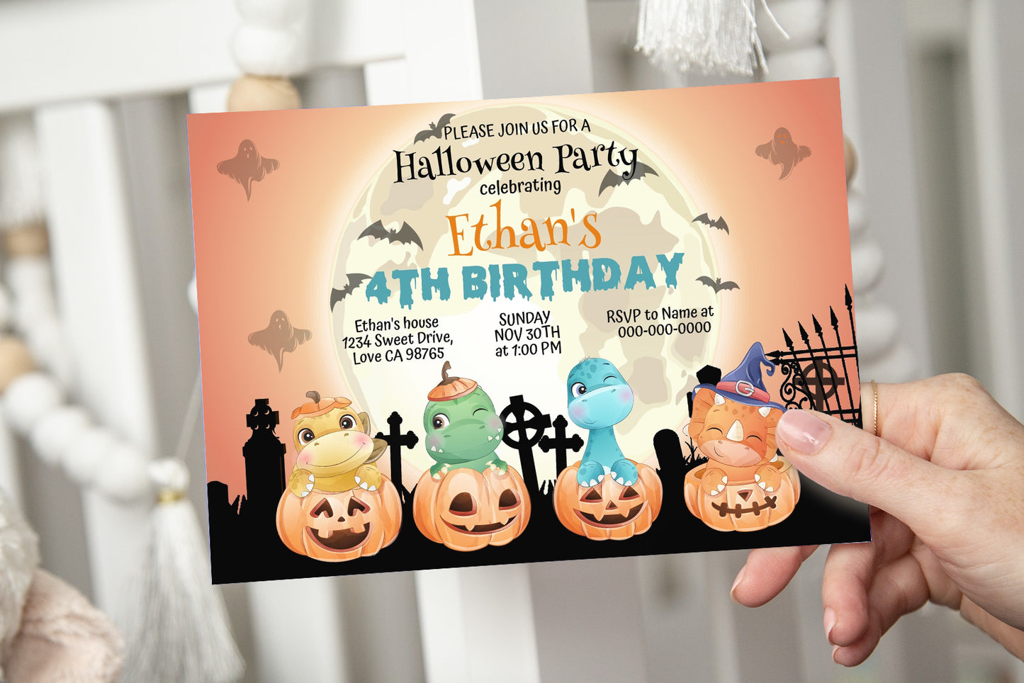 Editable Pumpkin Dinosaurs Invitation | Halloween Theme Party- 115F