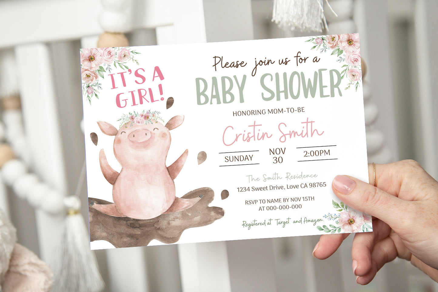 Floral Pig Baby Shower Invitation | Editable It's a Girl Farm Invite - 11B