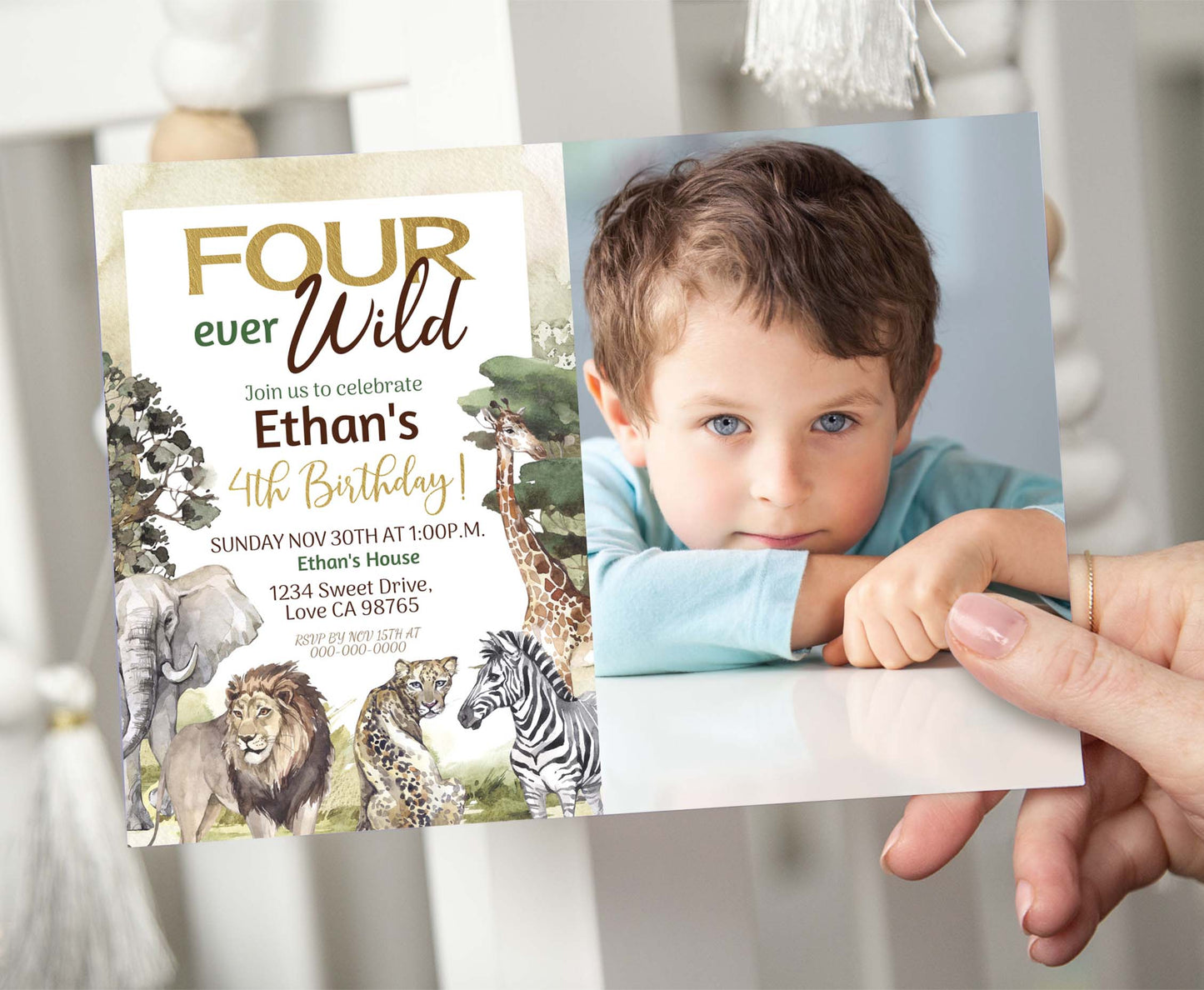 Four ever wild Safari Photo Invitation | Jungle Birthday Invite - 35I