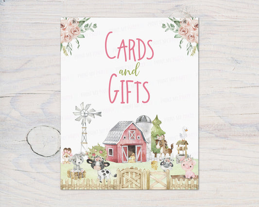 Cards and Gifts Sign Printable | Pink Farm Party Table Decoration - 11C1