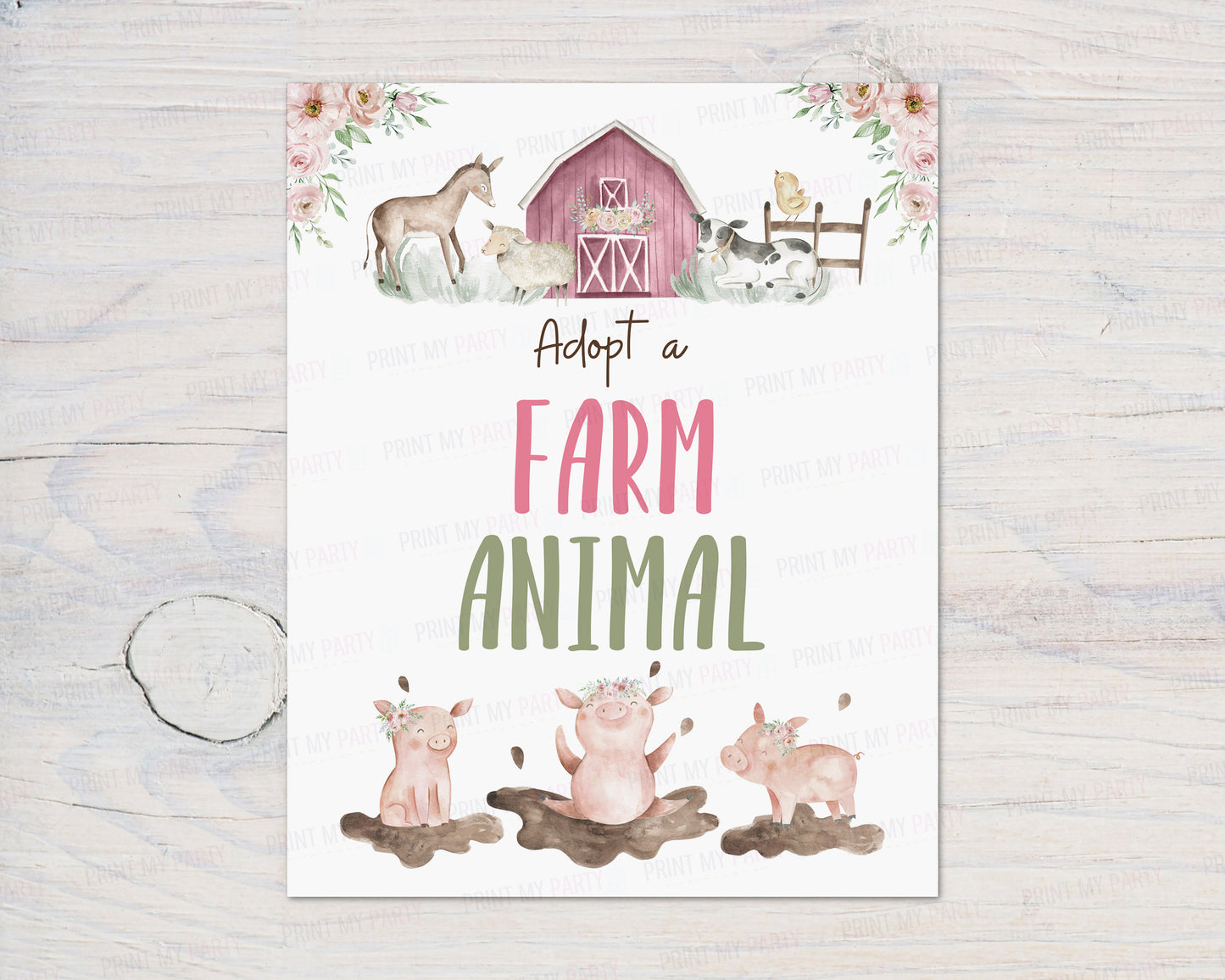 Floral Adopt a Farm Animal Sign | Girl Farm Party Decorations - 11B