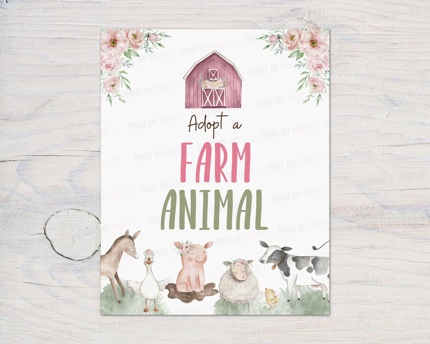 Adopt a Farm Animal Sign | Girl Farm Party Decorations - 11B