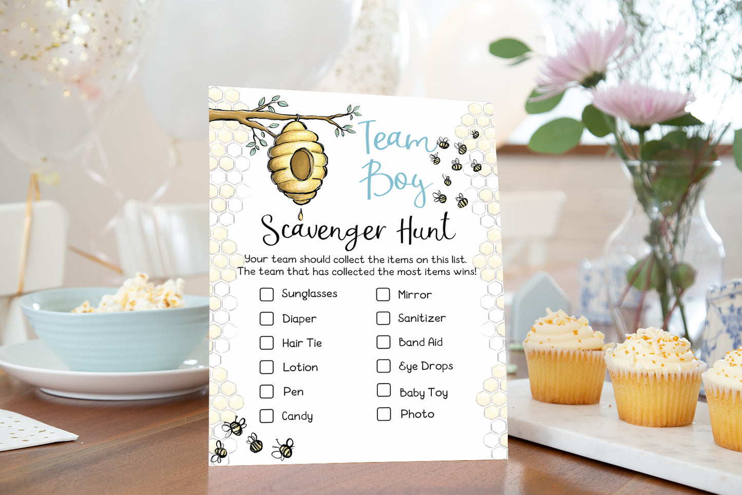 Bee Gender Reveal Game | Bumble Bee Team Boy Team Girl Scavenger Hunt Printable - 61A