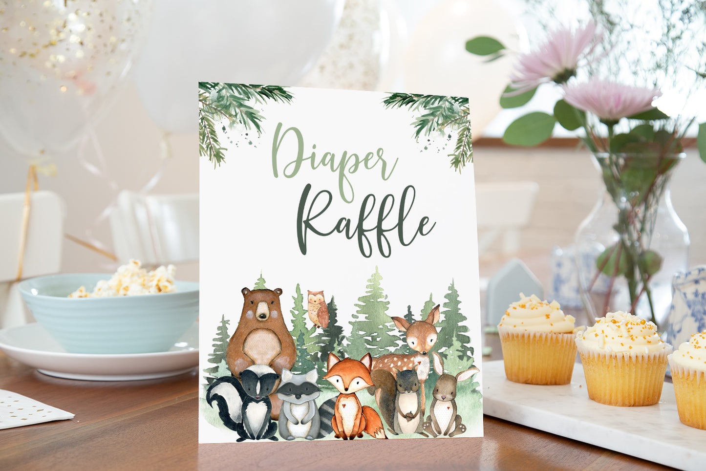 Woodland Diaper Raffle Sign and Tickets | Forest Animals Baby Shower Game - 47J2