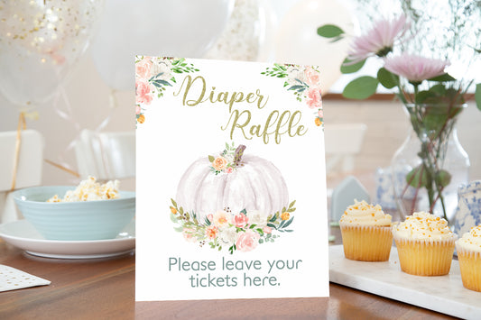 White Pumpkin Diaper Raffle Sign and Ticket Card | Fall Baby Shower Game Printable -30H