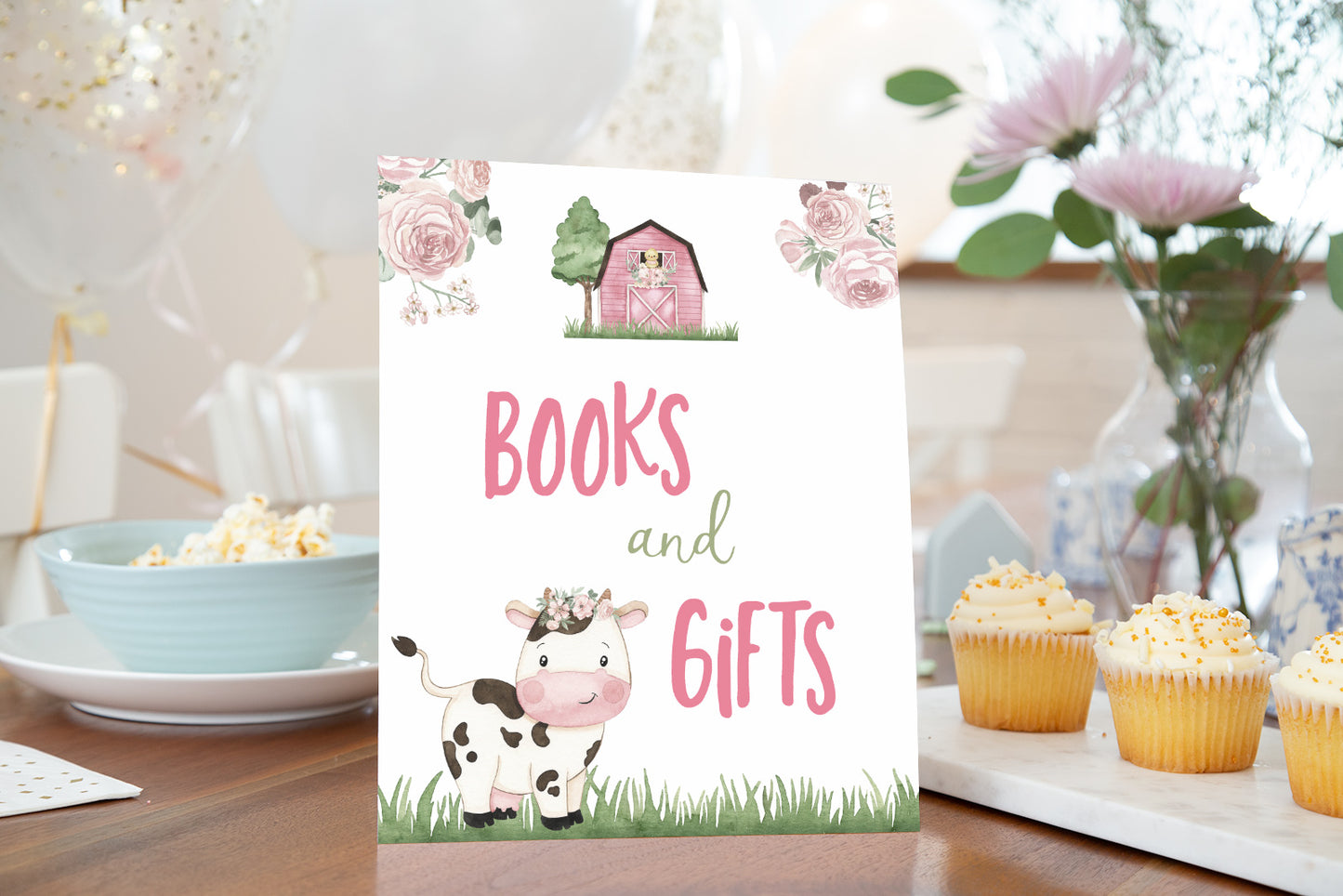 Cow Girl Book and Gifts Sign | Floral Farm Baby Shower Decorations - 11A