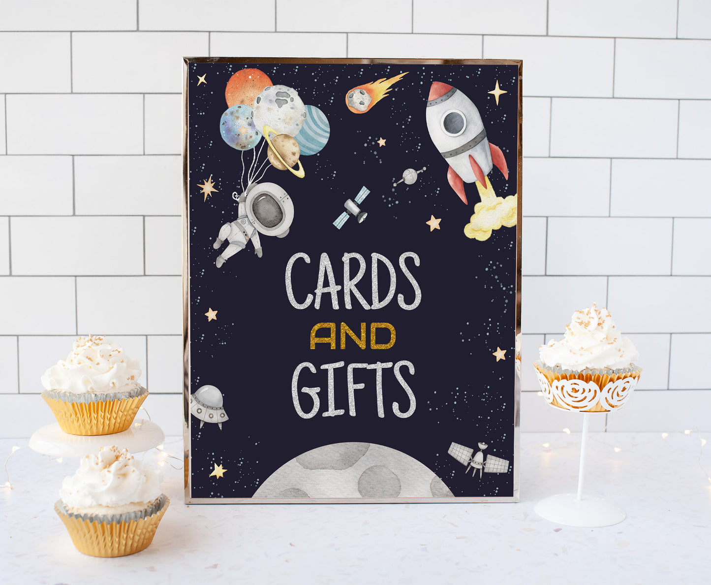 Space Cards and Gifts Sign | Astronaut Themed Party Table Decorations - 39C