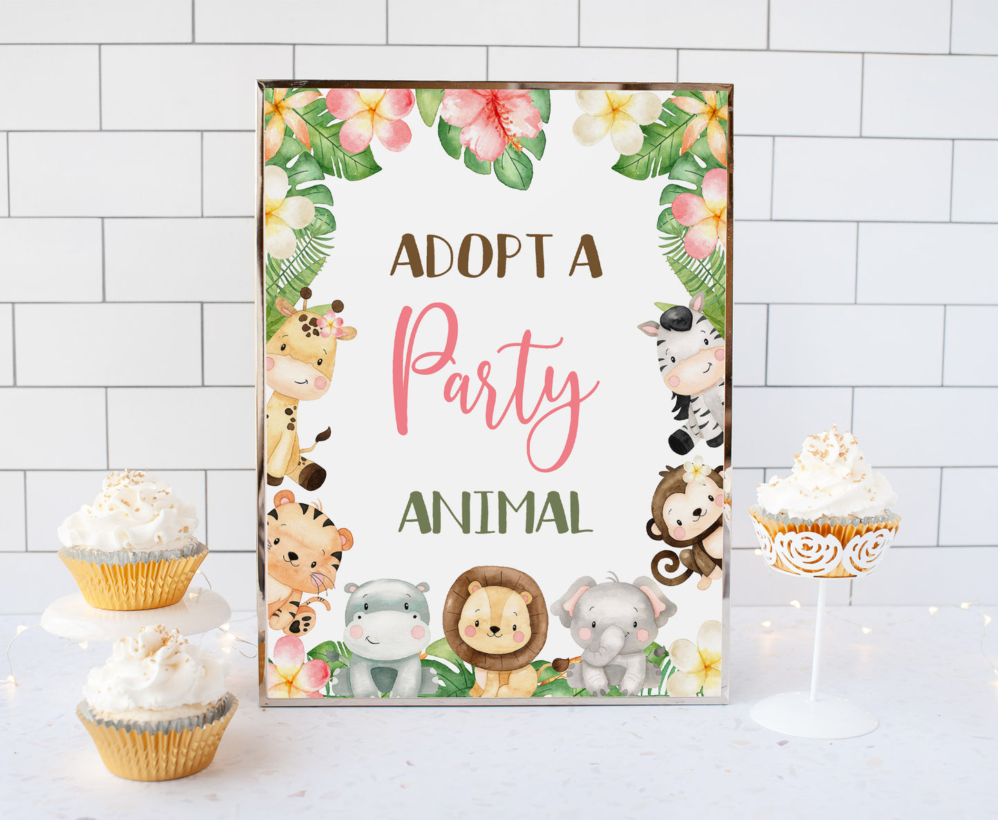 Safari Adopt an Animal Sign | Girl Jungle Animals Party Table Decorations - 35E