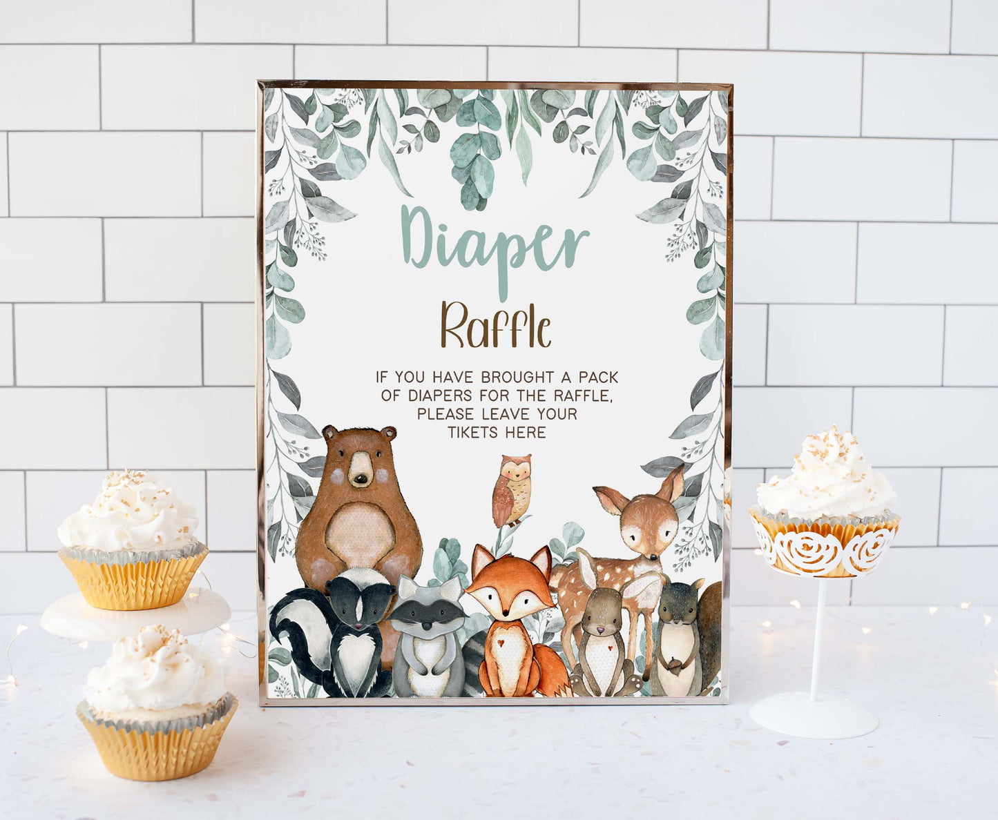 Woodlans Diaper Raffle Sign and Ticket Card | Forest Baby Shower Game Printable - 47J1