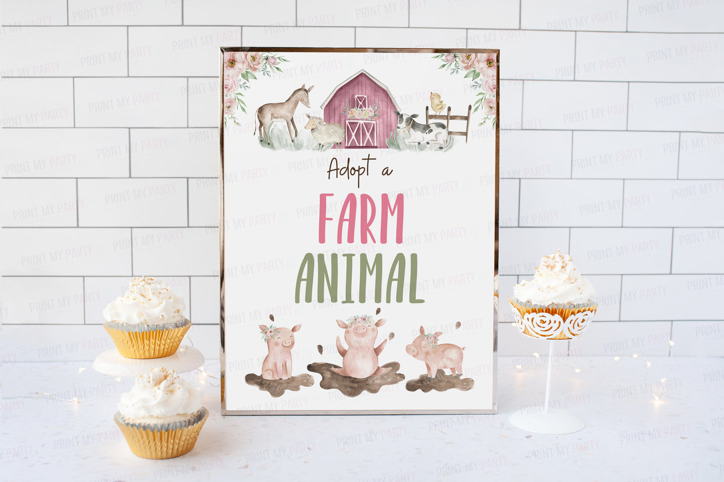 Floral Adopt a Farm Animal Sign | Girl Farm Party Decorations - 11B