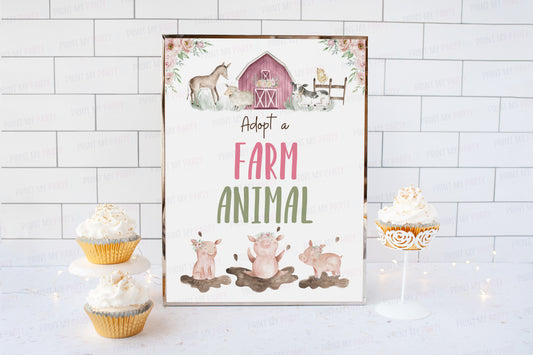 Floral Adopt a Farm Animal Sign | Girl Farm Party Decorations - 11B