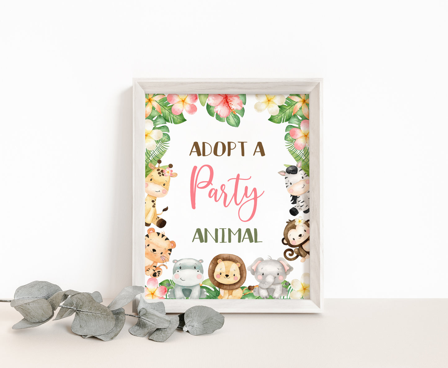 Safari Adopt an Animal Sign | Girl Jungle Animals Party Table Decorations - 35E