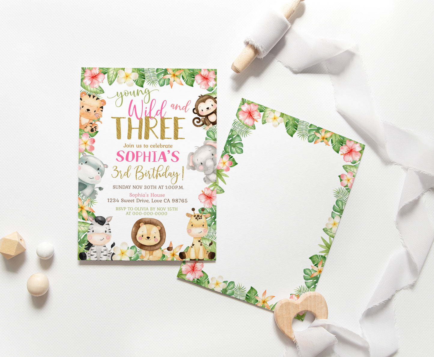 Young Wild and Three Invitation | Editable Girl Safari Birthday Party Invite - 35E