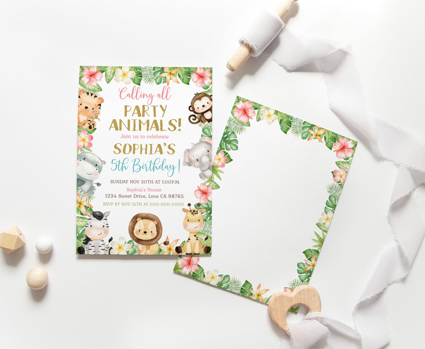 Calling all Party Animals, Girl Safari Party Animals Invitation | Editable Floral Jungle Birthday Invite - 35E