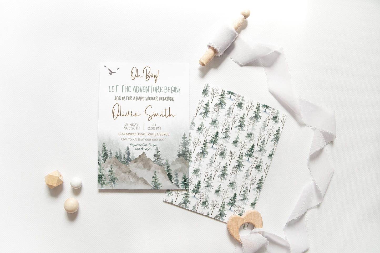 Let The Adventure Begin Invitation | Editable Mountains Baby Shower Invite - 47H