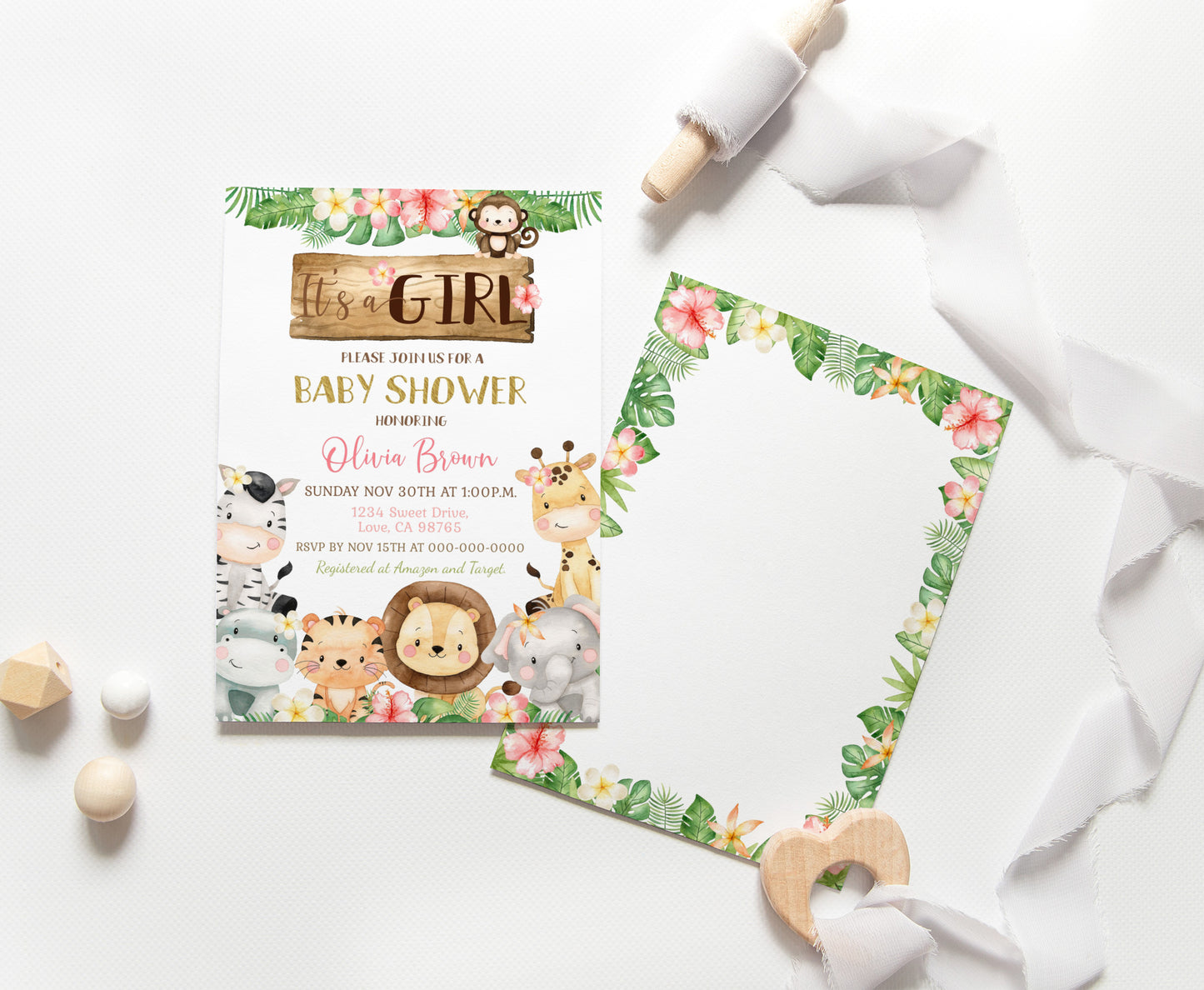 Floral Safari Baby Shower Invitation | Editable Jungle It's a Girl Baby Shower Invite - 35E