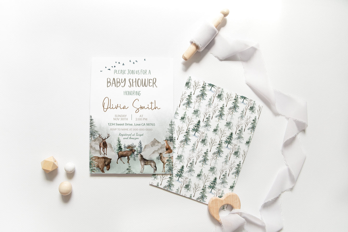 Woodland Baby Shower Invitation | Editable Forest Animals Baby Invite - 47H