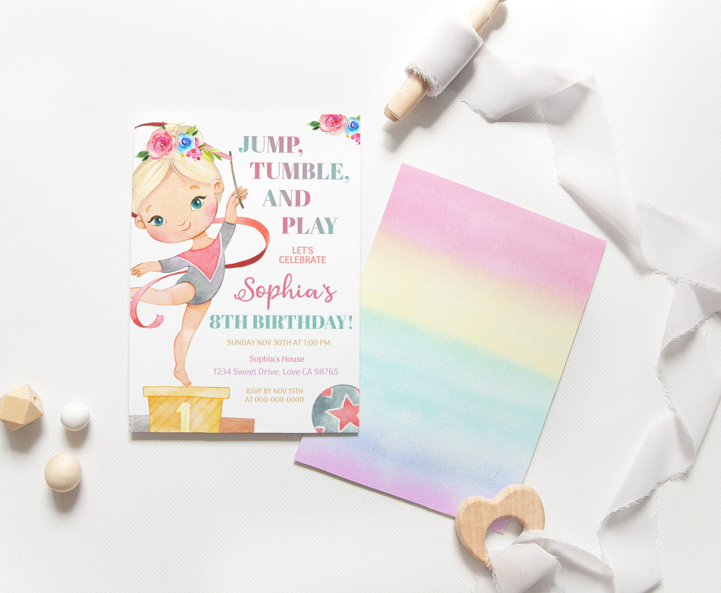 Floral Gymnastic Birthday Invitation Girl | Gymnastic Party Invite - 99A