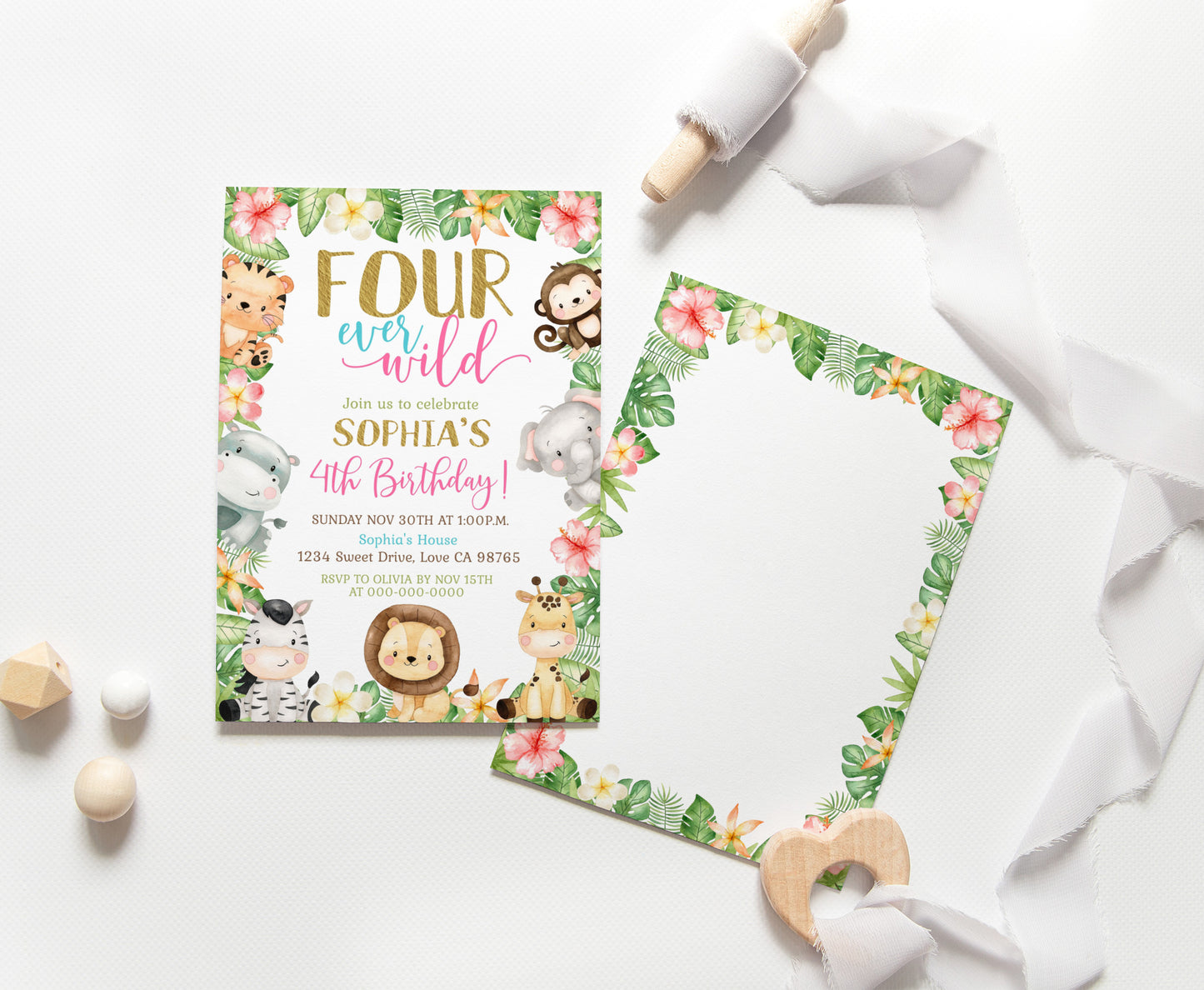 Four ever wild Birthday Invitation | Editable Girl Safari Party Invite - 35E