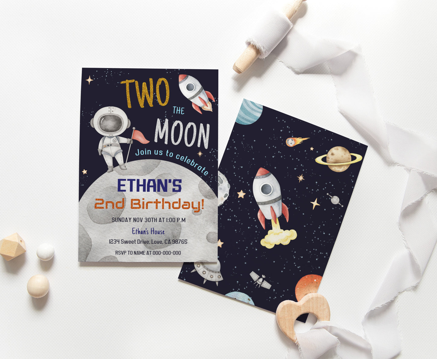 Two The Moon Party Invitation | Editable Space 2nd Birthday Invite - 39C