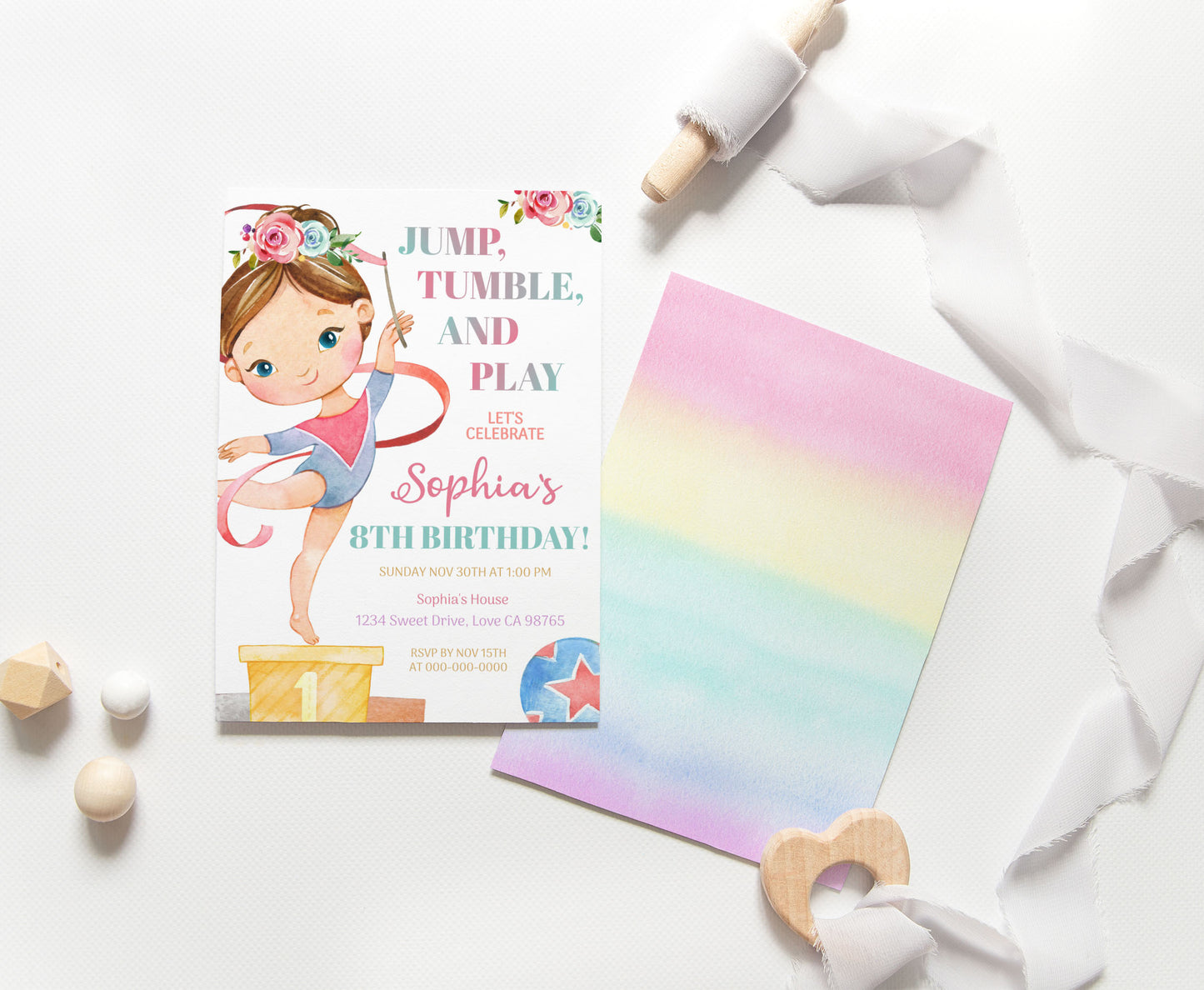 Editable Gymnastic Birthday Invitation Girl | Floral Gymnastic Party Invite - 99A