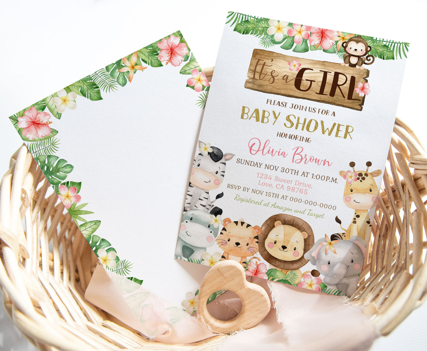 Floral Safari Baby Shower Invitation | Editable Jungle It's a Girl Baby Shower Invite - 35E