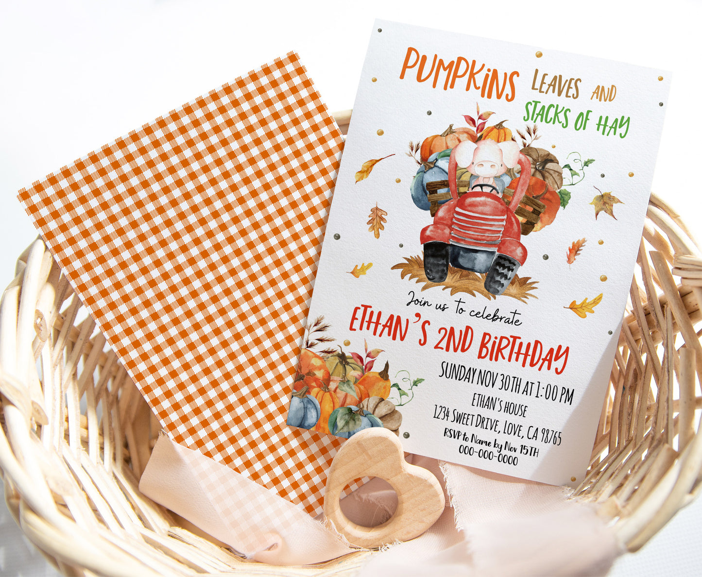 Pumpkins leaves and stacks of hay Invitation | Editable Pumpkin Truck Invite - 30L