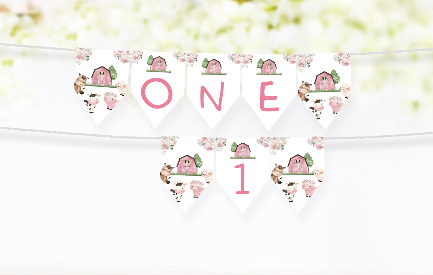 Girl Farm ONE High Chair Banner | Pink Barnyard 1st Birthday Party Decorations - 11A