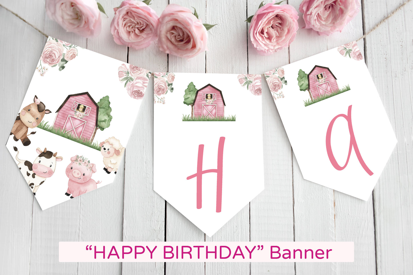 Floral Farm Happy Birthday Banner | Pink Barnyard Themed Party Decorations - 11A