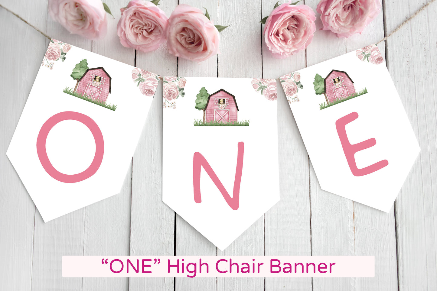 Girl Farm ONE High Chair Banner | Pink Barnyard 1st Birthday Party Decorations - 11A